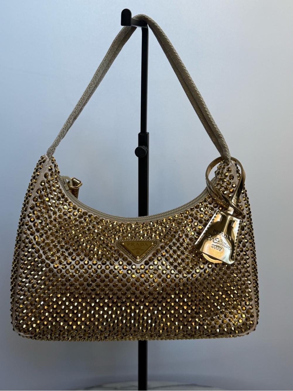 Prada Re-Edition 2000 Hobo Gold Crystal Embellished Satin Mini - Picture 2 of 13